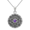 Zilveren ketting met hanger, bewerkte cirkel met amethist steen en patroon