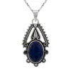 Zilveren ketting met hanger, ovale lapis steen met sierlijke rand van bolletjes