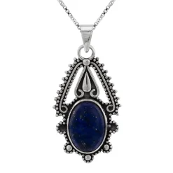 Zilveren ketting met hanger, ovale lapis steen met sierlijke rand van bolletjes