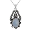 Zilveren ketting met hanger, ovale maansteen met sierlijke rand van bolletjes