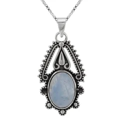 Zilveren ketting met hanger, ovale maansteen met sierlijke rand van bolletjes
