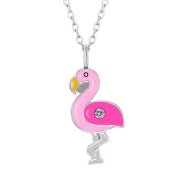 Zilveren ketting met hanger, roze flamingo met kristal