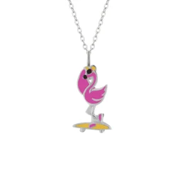 Zilveren ketting met hanger, flamingo op skateboard