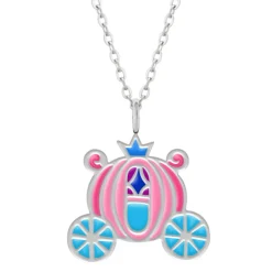 Zilveren ketting met hanger, roze koets met blauw kroontje