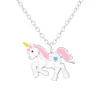 Zilveren ketting met hanger, eenhoorn met roze manen en staart