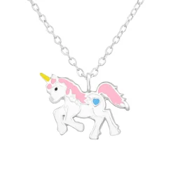 Zilveren ketting met hanger, eenhoorn met roze manen en staart