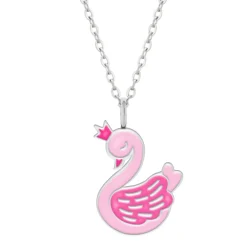 Zilveren ketting met hanger, roze zwaan met kroontje