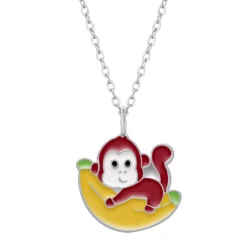Zilveren ketting met hanger, aapje met banaan