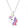Zilveren ketting met hanger, unicorn hoofd met paarse en roze manen