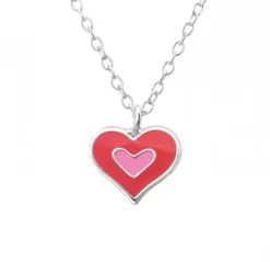 Zilveren ketting met hanger, dubbel hart met roze en donkerroze