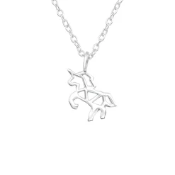 Zilveren ketting met hanger, geometrisch vormgegeven eenhoorn