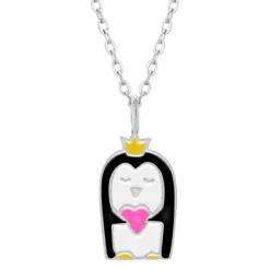 Zilveren ketting met hanger, pinguïn met kroon en hartje