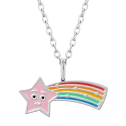 Zilveren ketting met hanger, roze komeet met regenboogstaart