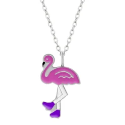 Zilveren ketting met hanger, flamingo op rolschaatsen