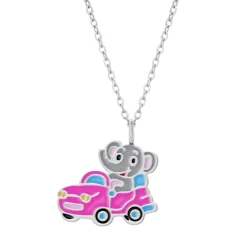 Zilveren ketting met hanger, olifant in roze auto