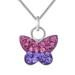 Zilveren ketting met hanger, vlinder met roze en blauw/paarse kristallen