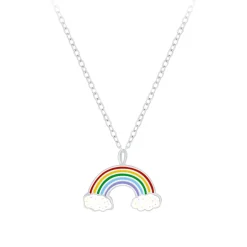 Zilveren ketting met hanger, regenboog met wolkjes