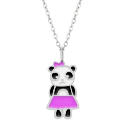 Zilveren ketting met hanger, panda met roze rokje en strikje