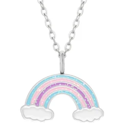 Zilveren ketting met hanger, regenboog met glitters en wolkjes