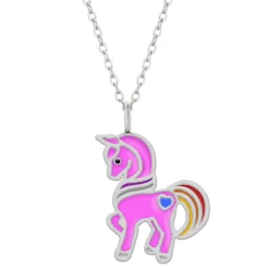 Zilveren ketting met hanger, roze eenhoorn met blauw hartje op de bil