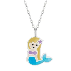 Zilveren ketting met hanger, zeemeermin met blauwe glitterstaart