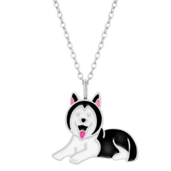 Zilveren ketting met hanger, zwarte husky