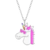 Zilveren ketting met hanger, eenhoornhoofd met roze manen en roze zonnebril