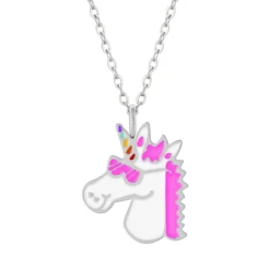 Zilveren ketting met hanger, eenhoornhoofd met roze manen en roze zonnebril