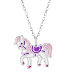 Zilveren ketting met hanger, paard met roze manen en paars zadel