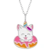 Zilveren ketting met hanger, witte eenhoornkatje in donut