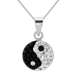 Zilveren ketting met hanger, yin en yang met kristallen