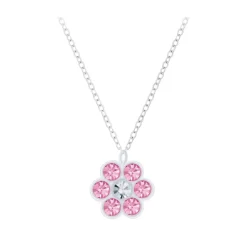 Zilveren ketting met hanger, bloem met roze kristallen