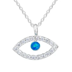 Zilveren ketting met hanger, oog met kristallen en blauwe opaal