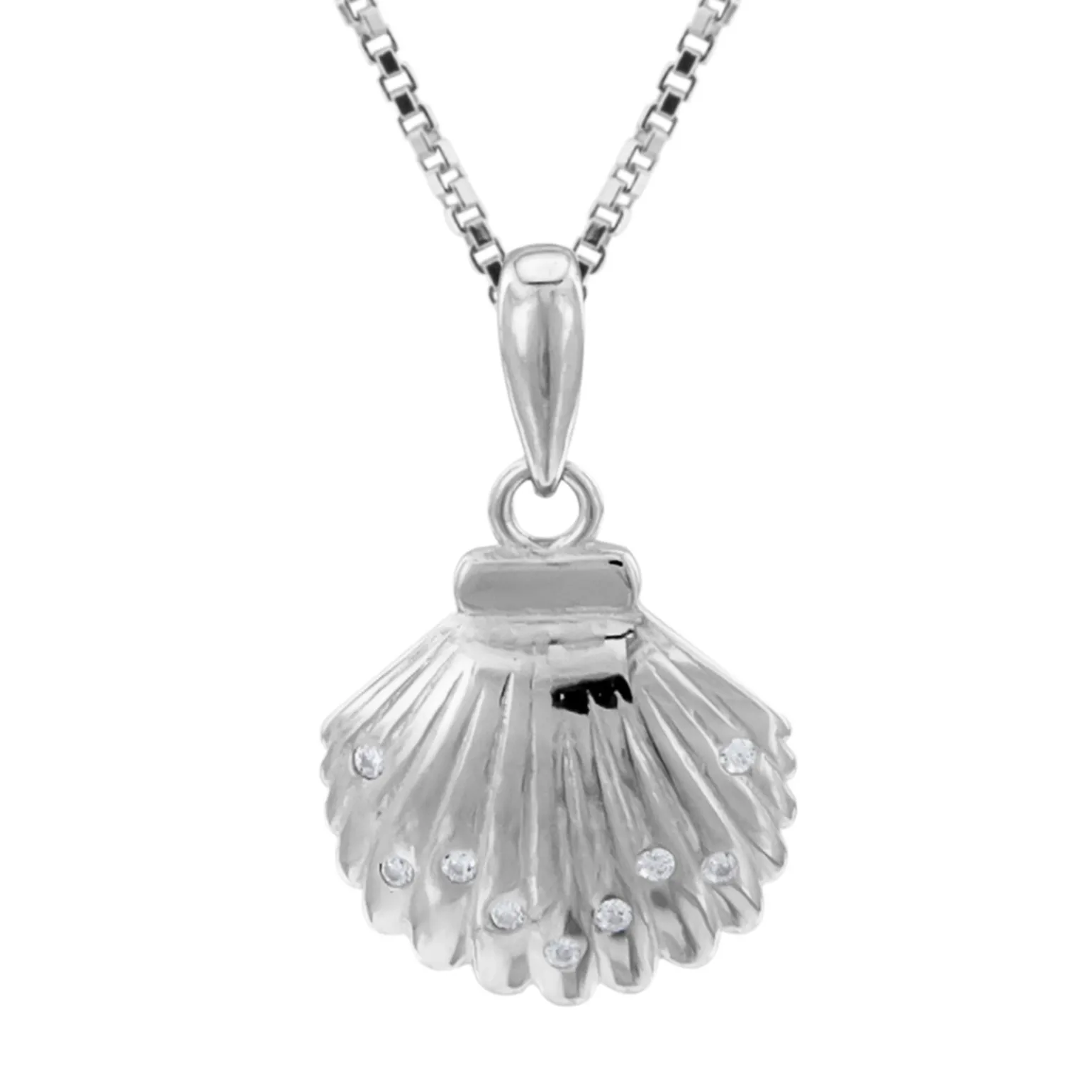 Zilveren ketting met hanger, gesloten schelp met kleine kristallen