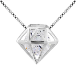 Zilveren ketting met hanger, opengewerkte diamantvorm met kristal