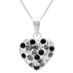 Zilveren ketting met hanger, hartje met kristallen in grijs en kleurloos en zwarte onyx