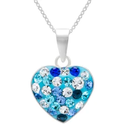 Zilveren ketting met hanger, blauw hartje met kristallen