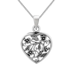 Zilveren ketting met hanger, opengewerkt hart met bloemen en blaadjes