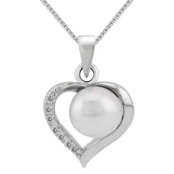 Zilveren ketting met hanger, hart met parel en Zirkonia kristallen