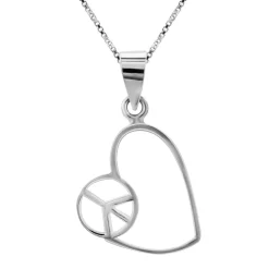 Zilveren ketting met hanger, open hart met peace teken