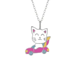 Zilveren ketting met hanger, witte kat in auto