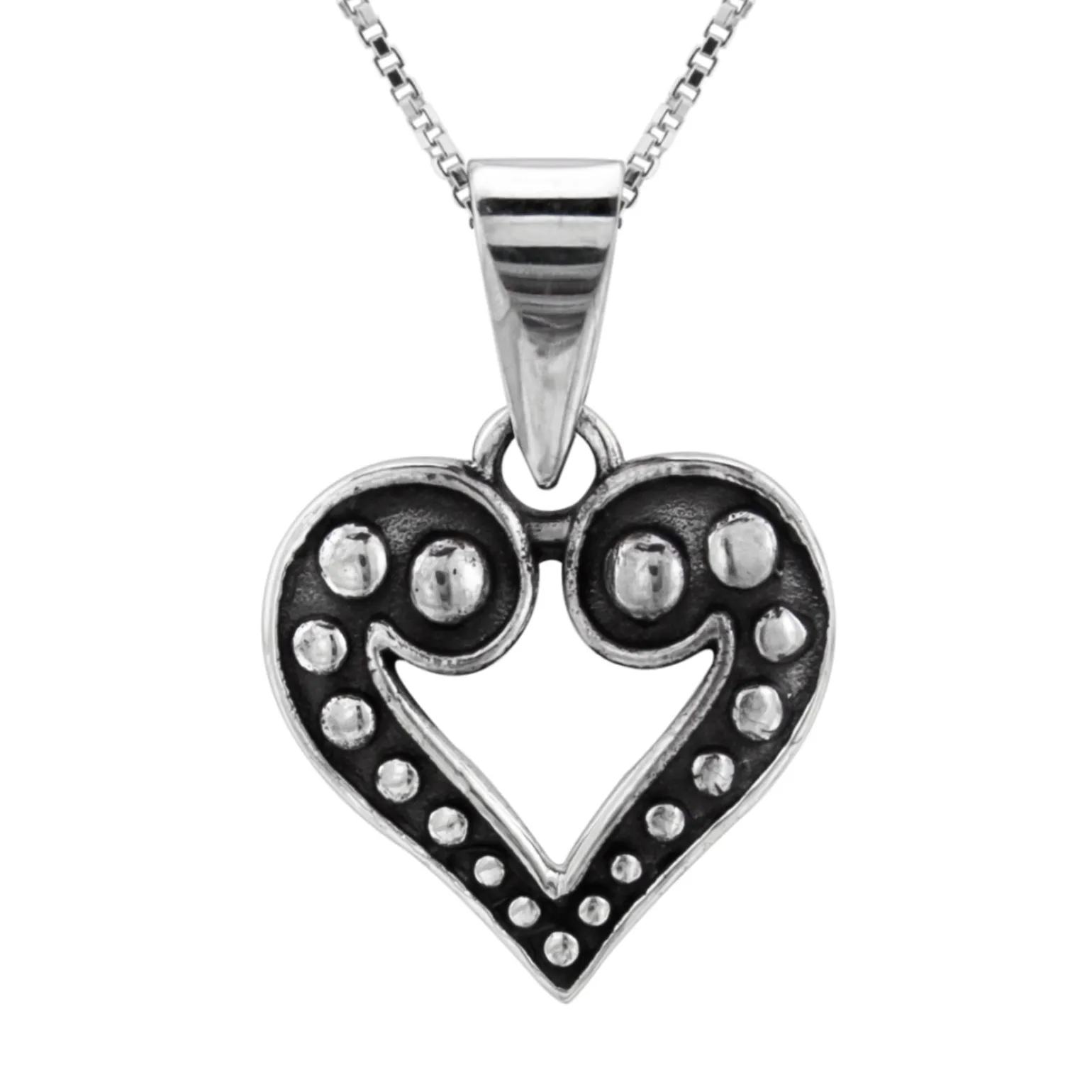 Zilveren ketting met hanger, opengewerkt hart met geoxideerde delen en bolletjes