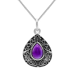 Zilveren ketting met hanger, druppelvormige amethist steen met sierlijke en geoxideerde rand