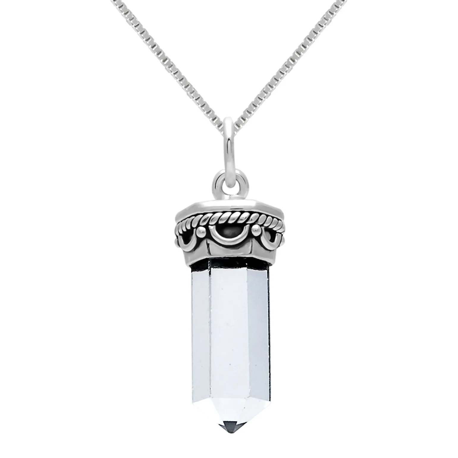Zilveren ketting met hanger, puntig kristal met rijk bewerkte rand
