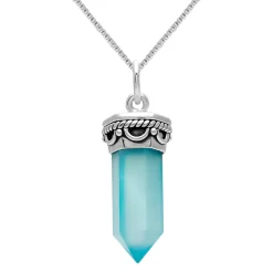 Zilveren ketting met hanger, puntige blauwe chalcedoon steen met rijk bewerkte rand