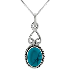 Zilveren ketting, ovale turquoise steen met sierlijk omgekeerd hart