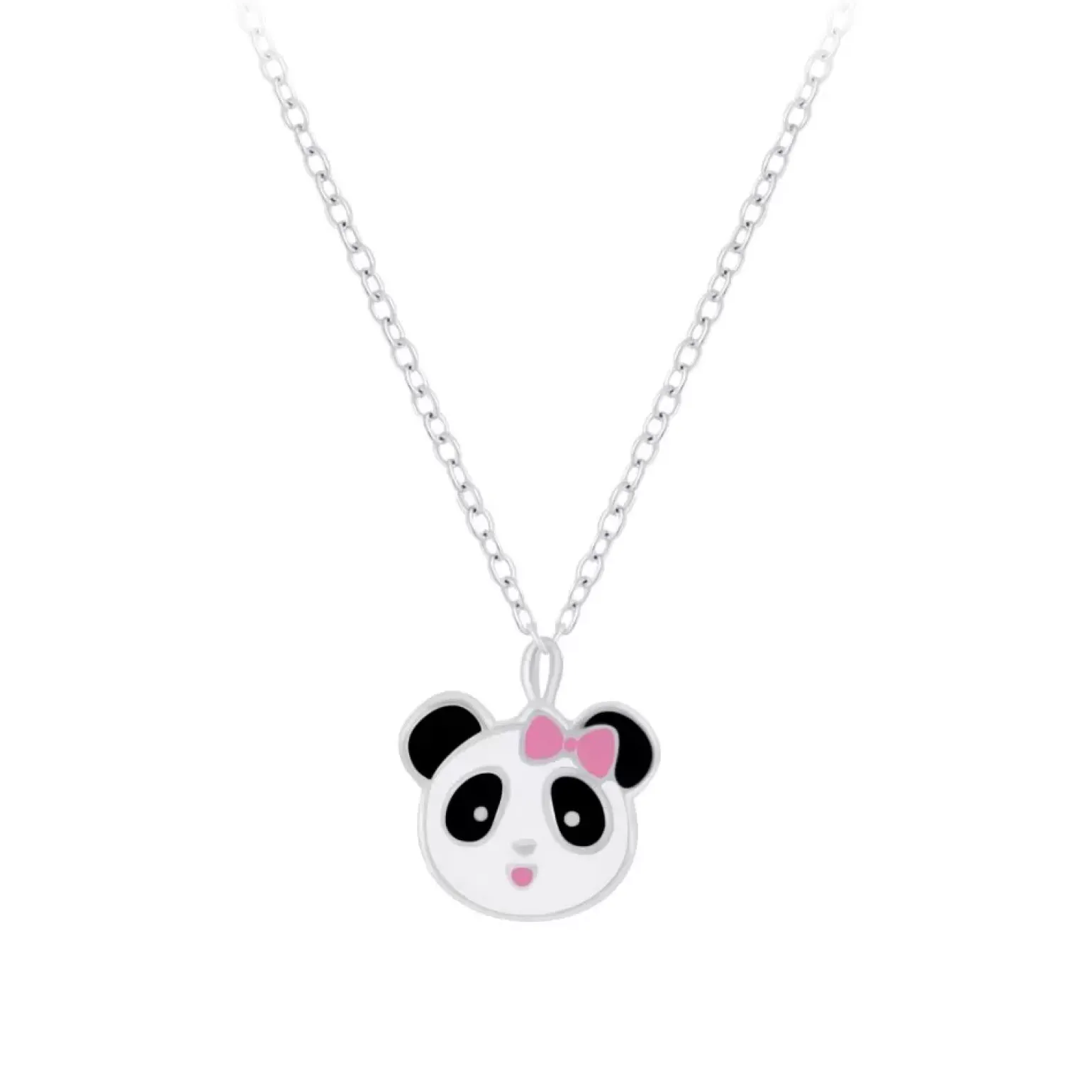 Zilveren ketting, panda met roze strikje