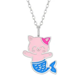 Zilveren ketting, roze kat met blauwe zeemeerminstaart.jpg