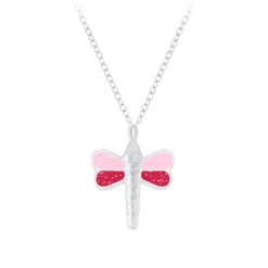 Zilveren ketting, roze libelle