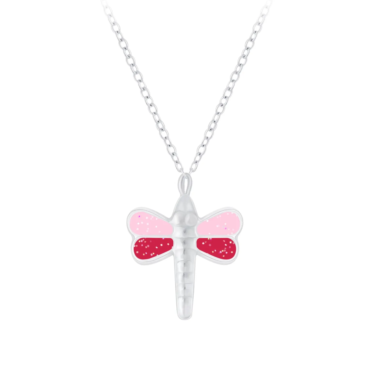 Zilveren ketting, roze libelle